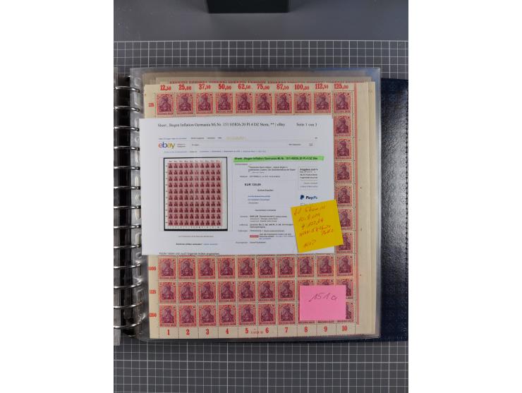 1900/23, reichhaltige und umfangreiche Bogensammlung in 9 Alben, vielfach spezialisiert nach Plattennummern, Farben und Typen