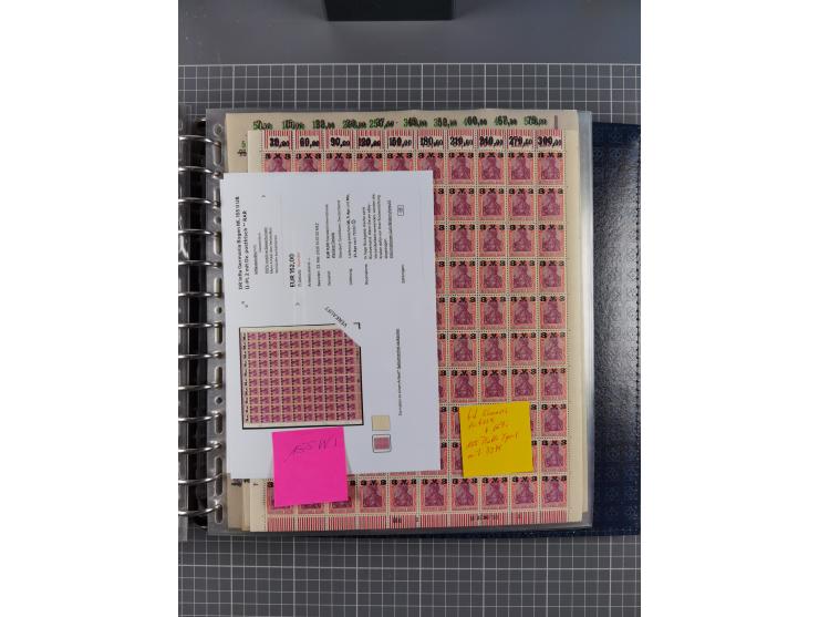 1900/23, reichhaltige und umfangreiche Bogensammlung in 9 Alben, vielfach spezialisiert nach Plattennummern, Farben und Typen