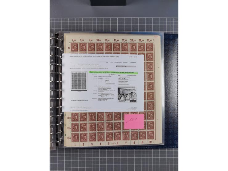 1900/23, reichhaltige und umfangreiche Bogensammlung in 9 Alben, vielfach spezialisiert nach Plattennummern, Farben und Typen