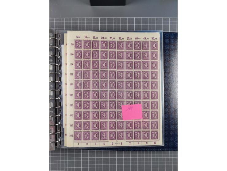 1900/23, reichhaltige und umfangreiche Bogensammlung in 9 Alben, vielfach spezialisiert nach Plattennummern, Farben und Typen