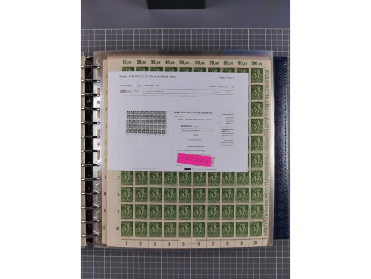 1900/23, reichhaltige und umfangreiche Bogensammlung in 9 Alben, vielfach spezialisiert nach Plattennummern, Farben und Typen