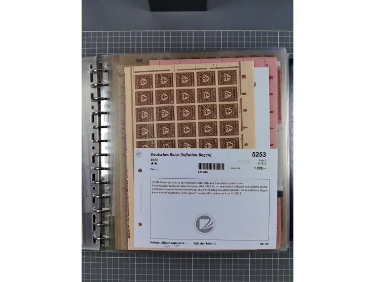 1900/23, reichhaltige und umfangreiche Bogensammlung in 9 Alben, vielfach spezialisiert nach Plattennummern, Farben und Typen