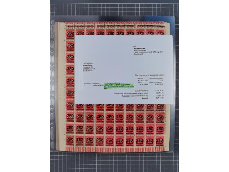 1923, OPD-Bogen, Sammlung von rund 70 Stück, einige mehrfach, dabei u. A. 333AW (Frankfurt) und 335B (Breslau und Stuttgart).