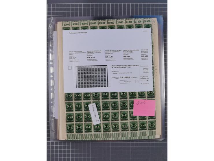 1923, OPD-Bogen, Sammlung von rund 70 Stück, einige mehrfach, dabei u. A. 333AW (Frankfurt) und 335B (Breslau und Stuttgart).