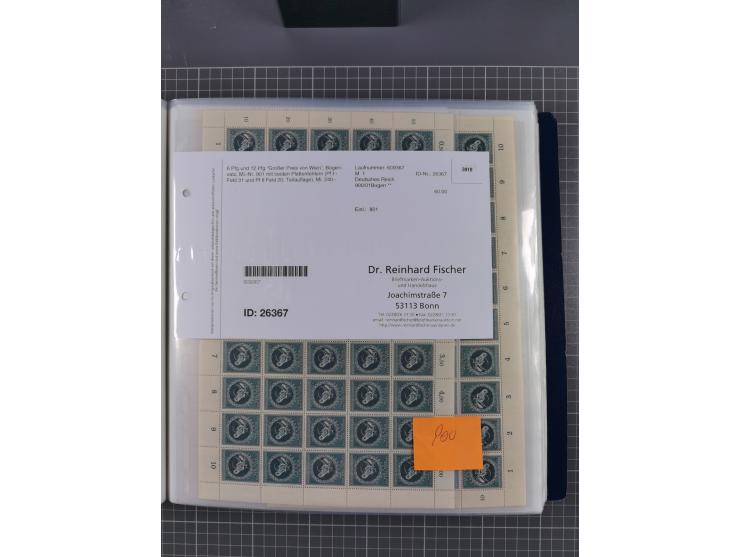 1912/45, kleine Partie Bogen, dabei Mi. I, 110b mit Plattenfehler I, 909-910, Einheitsgeberbogen, etc.