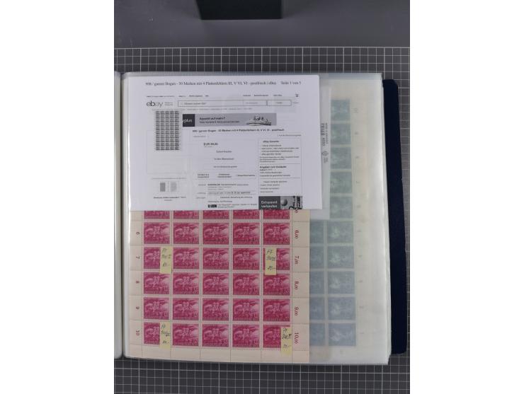 1912/45, kleine Partie Bogen, dabei Mi. I, 110b mit Plattenfehler I, 909-910, Einheitsgeberbogen, etc.