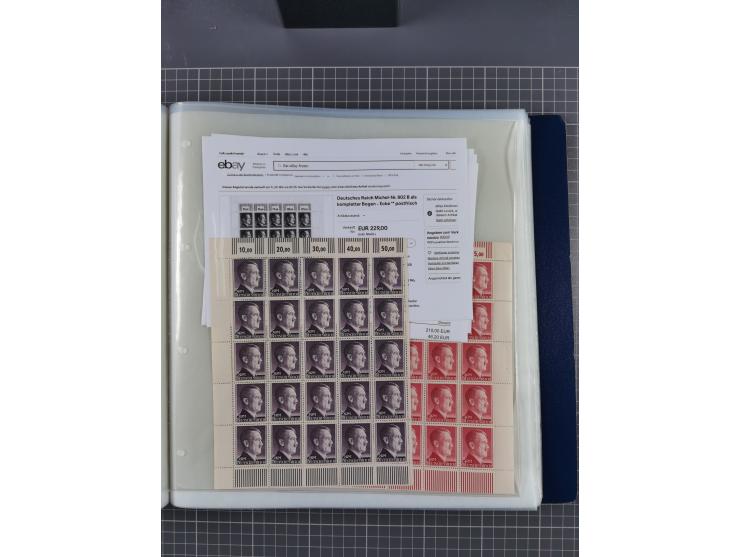 1912/45, kleine Partie Bogen, dabei Mi. I, 110b mit Plattenfehler I, 909-910, Einheitsgeberbogen, etc.