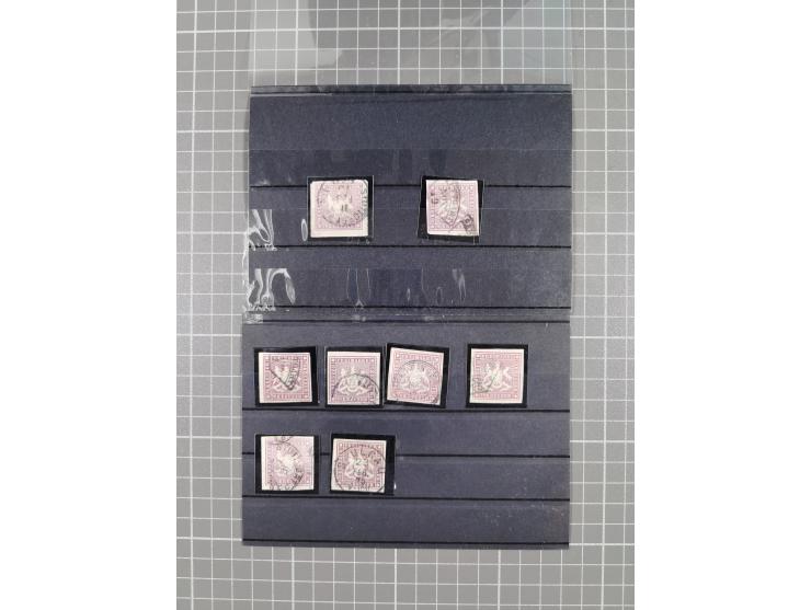 1873, 70 Kr. rotlila bzw. braunlila, interessante Partie von 5 ungebrauchten sowie 6 gestempelten Werten, teils nachgummiert 