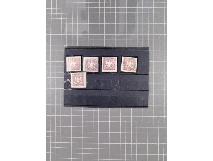 1873, 70 Kr. rotlila bzw. braunlila, interessante Partie von 5 ungebrauchten sowie 6 gestempelten Werten, teils nachgummiert 