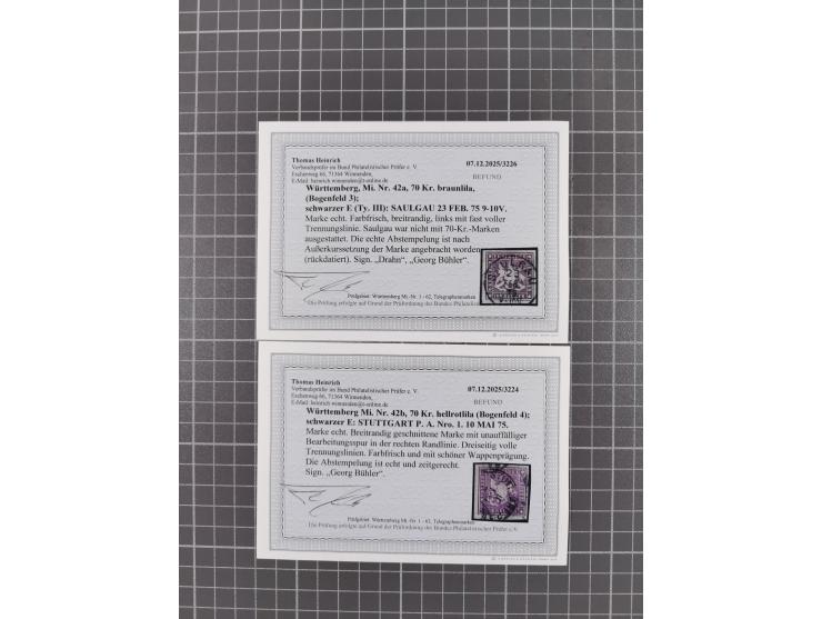 1873, 70 Kr. rotlila bzw. braunlila, interessante Partie von 5 ungebrauchten sowie 6 gestempelten Werten, teils nachgummiert 