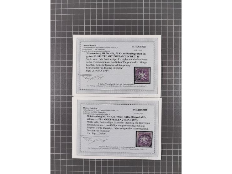 1873, 70 Kr. rotlila bzw. braunlila, interessante Partie von 5 ungebrauchten sowie 6 gestempelten Werten, teils nachgummiert 