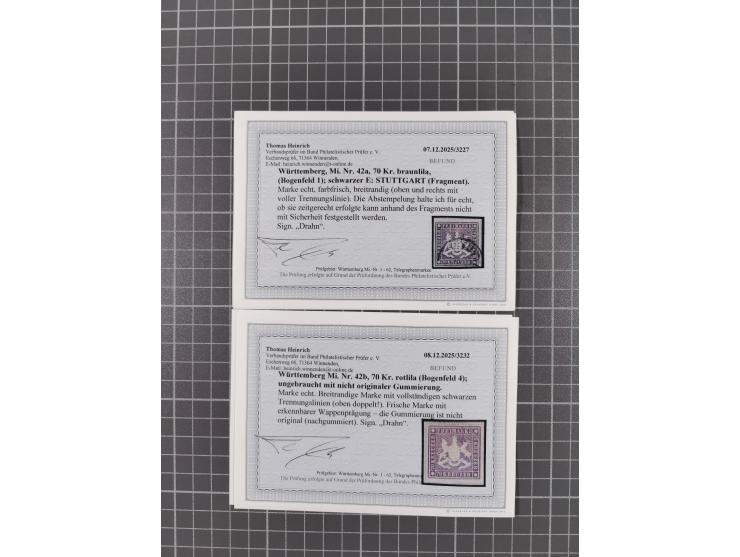 1873, 70 Kr. rotlila bzw. braunlila, interessante Partie von 5 ungebrauchten sowie 6 gestempelten Werten, teils nachgummiert 