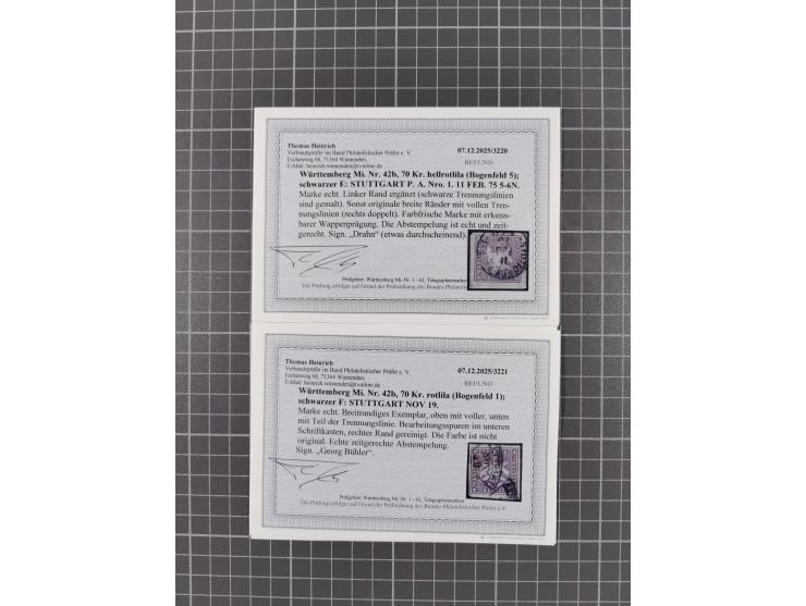 1873, 70 Kr. rotlila bzw. braunlila, interessante Partie von 5 ungebrauchten sowie 6 gestempelten Werten, teils nachgummiert 