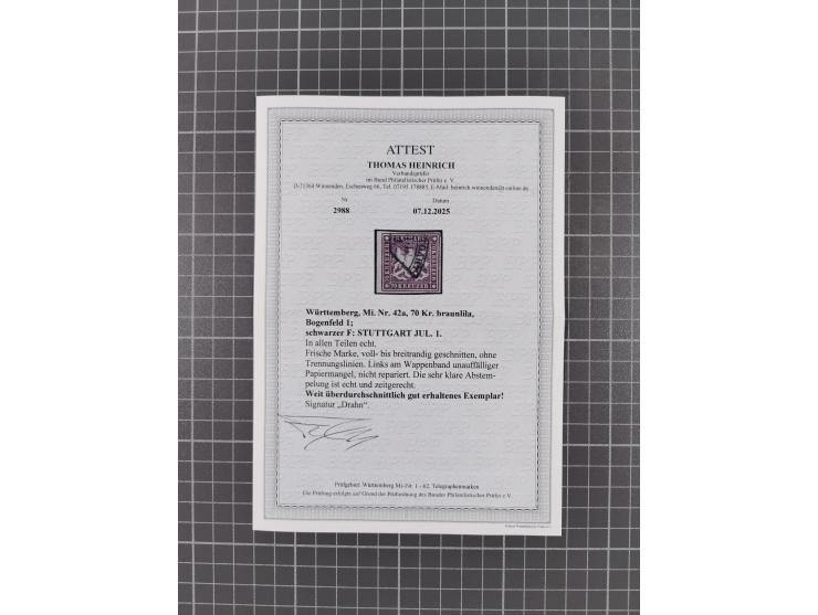 1873, 70 Kr. rotlila bzw. braunlila, interessante Partie von 5 ungebrauchten sowie 6 gestempelten Werten, teils nachgummiert 