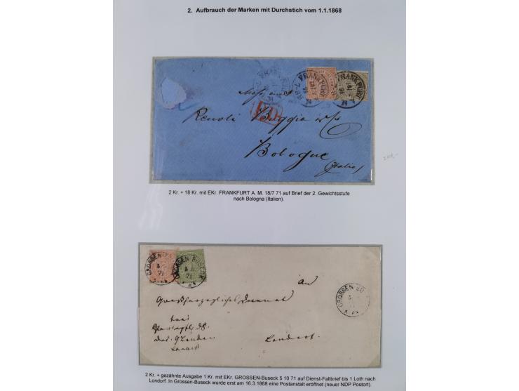 REICHSPOST-VORLÄUFER, ausstellungsmäßig aufgezogene Spezialsammlung von rund 120 Belegen und einigen losen Marken, Einheiten 