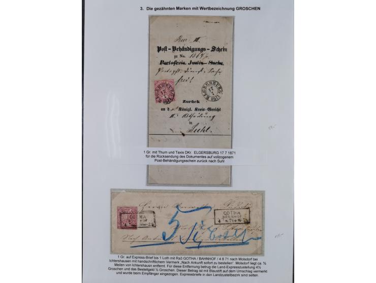 REICHSPOST-VORLÄUFER, ausstellungsmäßig aufgezogene Spezialsammlung von rund 120 Belegen und einigen losen Marken, Einheiten 