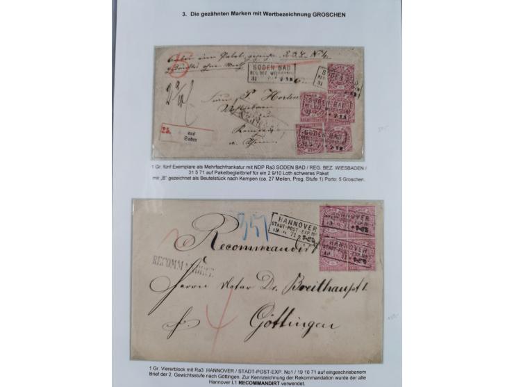REICHSPOST-VORLÄUFER, ausstellungsmäßig aufgezogene Spezialsammlung von rund 120 Belegen und einigen losen Marken, Einheiten 