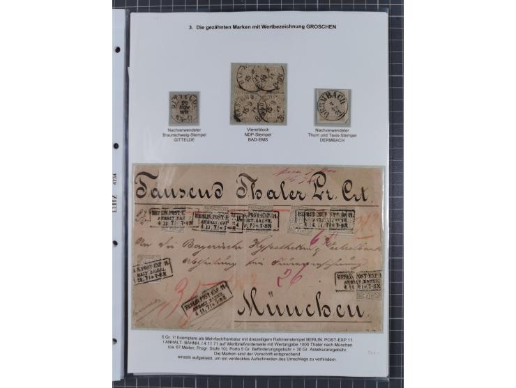 REICHSPOST-VORLÄUFER, ausstellungsmäßig aufgezogene Spezialsammlung von rund 120 Belegen und einigen losen Marken, Einheiten 