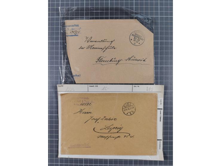 1900/41, ca. &nbsp;80 Briefe und Karten mit Schwerpunkt I. Weltkrieg, dabei u.a. frankierte Postkarte 1918 mit rotem Stempel 