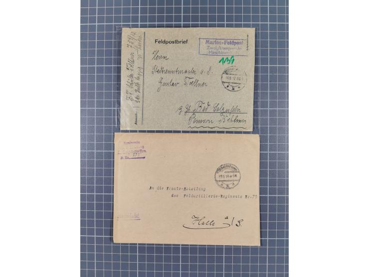 1900/41, ca. &nbsp;80 Briefe und Karten mit Schwerpunkt I. Weltkrieg, dabei u.a. frankierte Postkarte 1918 mit rotem Stempel 
