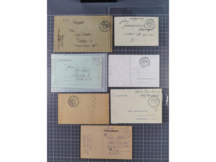 1900/41, ca. &nbsp;80 Briefe und Karten mit Schwerpunkt I. Weltkrieg, dabei u.a. frankierte Postkarte 1918 mit rotem Stempel 
