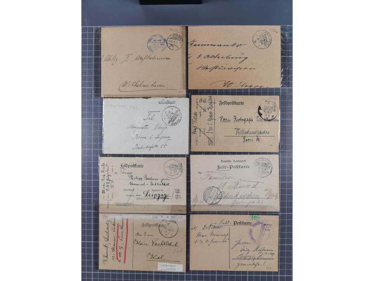 1900/41, ca. &nbsp;80 Briefe und Karten mit Schwerpunkt I. Weltkrieg, dabei u.a. frankierte Postkarte 1918 mit rotem Stempel 