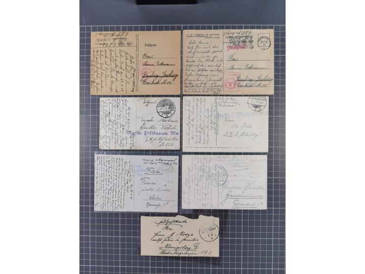 1900/41, ca. &nbsp;80 Briefe und Karten mit Schwerpunkt I. Weltkrieg, dabei u.a. frankierte Postkarte 1918 mit rotem Stempel 
