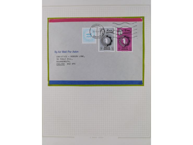 1936/90, 40 covers, postal stationerys and cards starting India 3 d. carmine overprinted Bahrain on cover with content from B