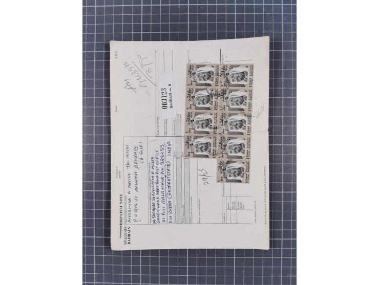 1936/90, 40 covers, postal stationerys and cards starting India 3 d. carmine overprinted Bahrain on cover with content from B
