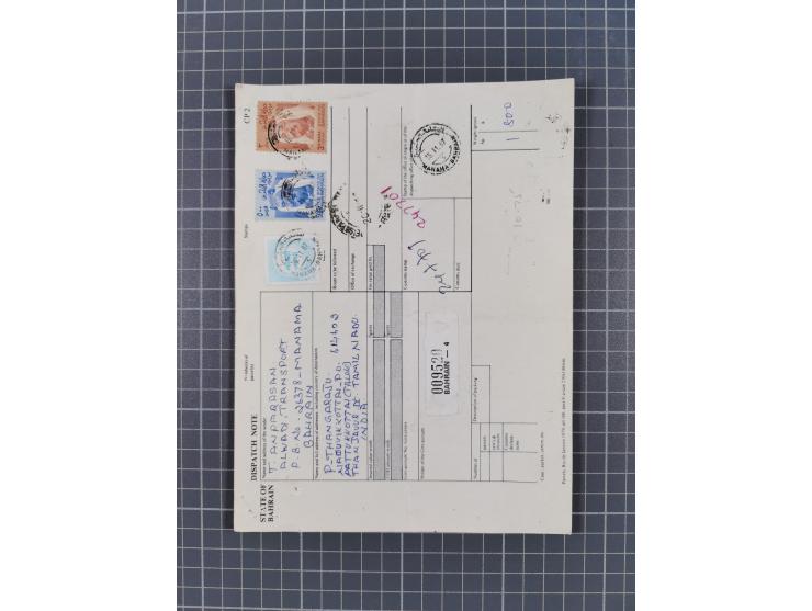1936/90, 40 covers, postal stationerys and cards starting India 3 d. carmine overprinted Bahrain on cover with content from B