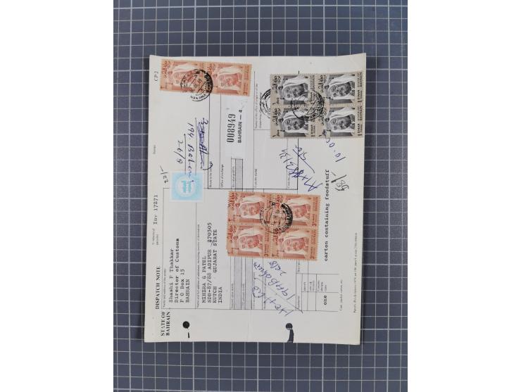 1936/90, 40 covers, postal stationerys and cards starting India 3 d. carmine overprinted Bahrain on cover with content from B