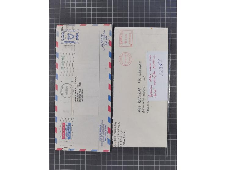 1936/90, 40 covers, postal stationerys and cards starting India 3 d. carmine overprinted Bahrain on cover with content from B
