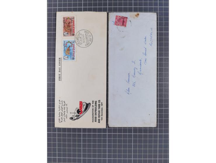 1936/90, 40 covers, postal stationerys and cards starting India 3 d. carmine overprinted Bahrain on cover with content from B