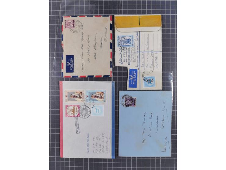 1936/90, 40 covers, postal stationerys and cards starting India 3 d. carmine overprinted Bahrain on cover with content from B