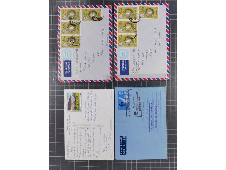 1936/90, 40 covers, postal stationerys and cards starting India 3 d. carmine overprinted Bahrain on cover with content from B