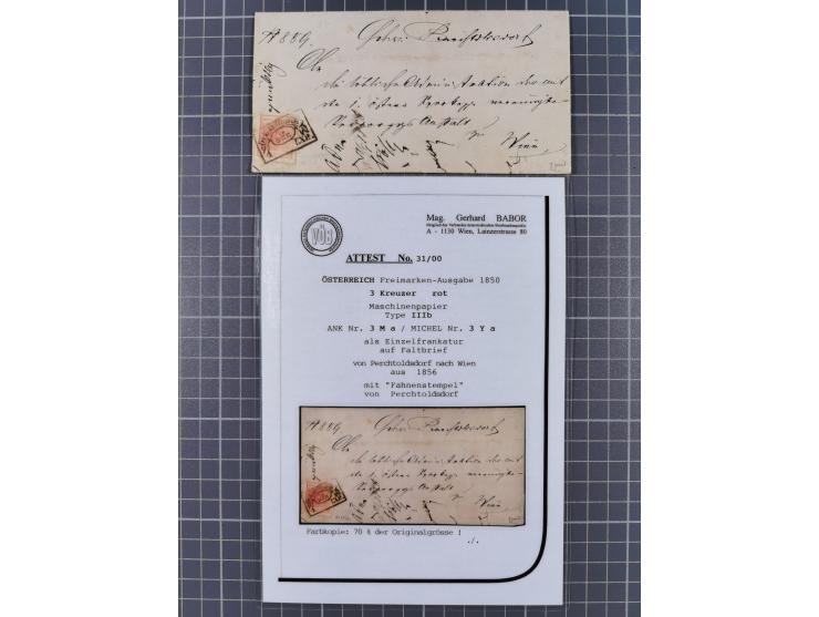 1850/54, 1. Ausgabe, 5 Briefe und 2 Briefstücke, dabei Fahnenstempel von Grinzing und Perchtoldsdorf je auf Brief, blauer L1 