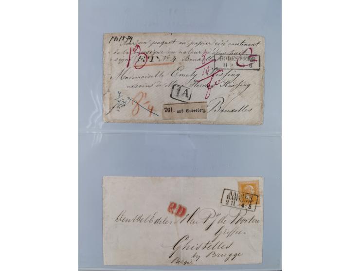 1850/67 (ca.), 37 Briefe und Ganzsachen sowie zwei Vorderseiten, fast ausschließlich Auslands-Frankaturen nach Belgien, Dänem