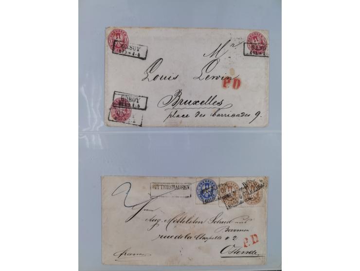 1850/67 (ca.), 37 Briefe und Ganzsachen sowie zwei Vorderseiten, fast ausschließlich Auslands-Frankaturen nach Belgien, Dänem