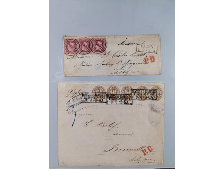 1850/67 (ca.), 37 Briefe und Ganzsachen sowie zwei Vorderseiten, fast ausschließlich Auslands-Frankaturen nach Belgien, Dänem