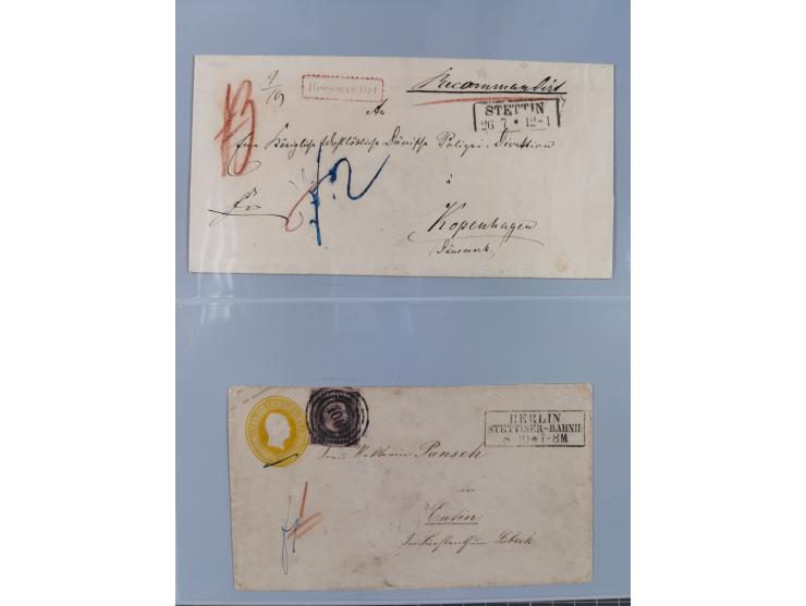 1850/67 (ca.), 37 Briefe und Ganzsachen sowie zwei Vorderseiten, fast ausschließlich Auslands-Frankaturen nach Belgien, Dänem