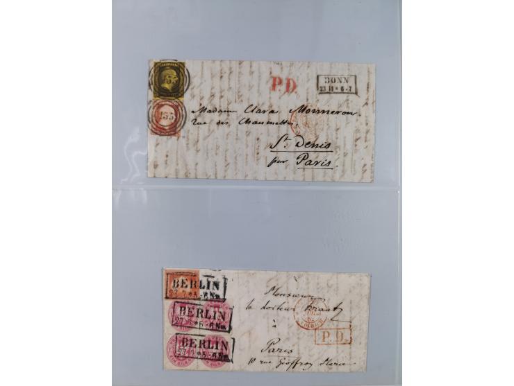 1850/67 (ca.), 37 Briefe und Ganzsachen sowie zwei Vorderseiten, fast ausschließlich Auslands-Frankaturen nach Belgien, Dänem