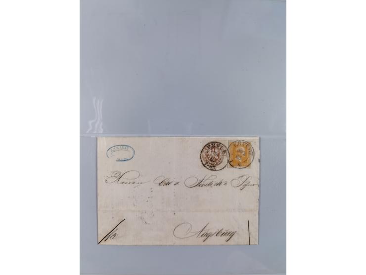 1850/67 (ca.), 37 Briefe und Ganzsachen sowie zwei Vorderseiten, fast ausschließlich Auslands-Frankaturen nach Belgien, Dänem