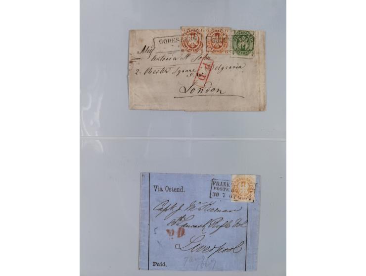 1850/67 (ca.), 37 Briefe und Ganzsachen sowie zwei Vorderseiten, fast ausschließlich Auslands-Frankaturen nach Belgien, Dänem