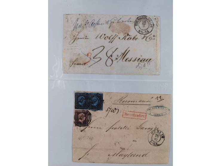 1850/67 (ca.), 37 Briefe und Ganzsachen sowie zwei Vorderseiten, fast ausschließlich Auslands-Frankaturen nach Belgien, Dänem