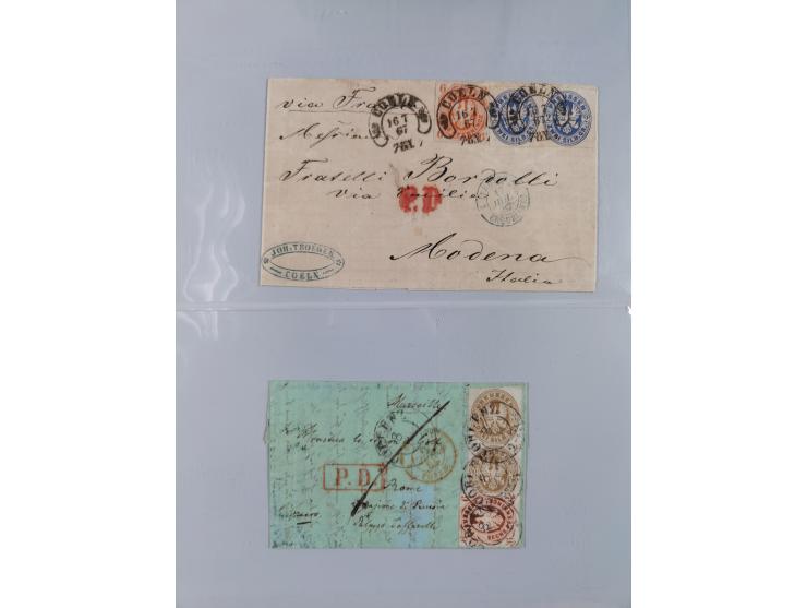 1850/67 (ca.), 37 Briefe und Ganzsachen sowie zwei Vorderseiten, fast ausschließlich Auslands-Frankaturen nach Belgien, Dänem