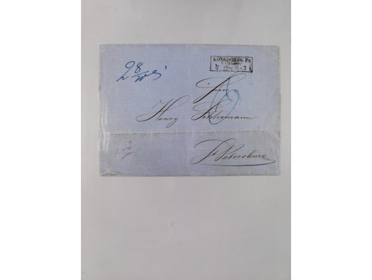 1850/67 (ca.), 37 Briefe und Ganzsachen sowie zwei Vorderseiten, fast ausschließlich Auslands-Frankaturen nach Belgien, Dänem