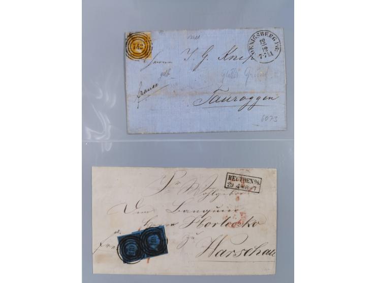 1850/67 (ca.), 37 Briefe und Ganzsachen sowie zwei Vorderseiten, fast ausschließlich Auslands-Frankaturen nach Belgien, Dänem