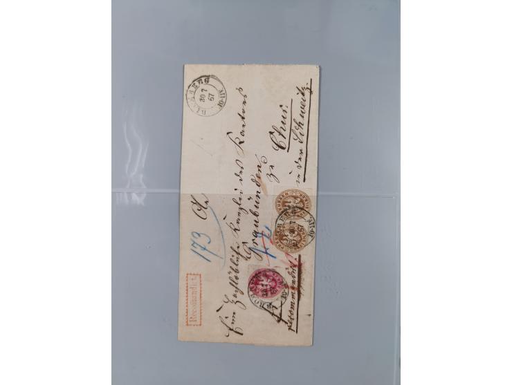 1850/67 (ca.), 37 Briefe und Ganzsachen sowie zwei Vorderseiten, fast ausschließlich Auslands-Frankaturen nach Belgien, Dänem