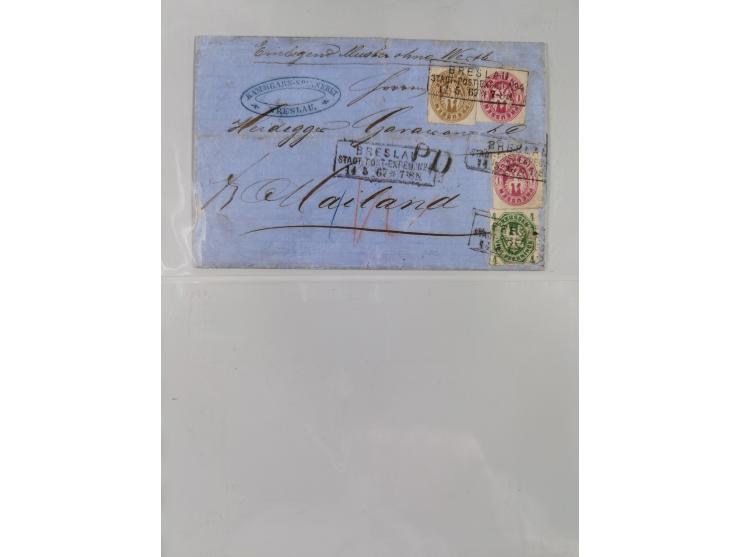 1850/67 (ca.), 37 Briefe und Ganzsachen sowie zwei Vorderseiten, fast ausschließlich Auslands-Frankaturen nach Belgien, Dänem