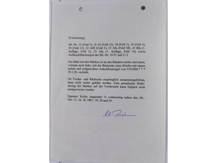 1920, Versuchsaufdrucke: 1 Mark karmin mit Mediävalaufdruck in rot, zusammen mit u.a. Germania 50 Pfennig, rotem Probeaufdruc